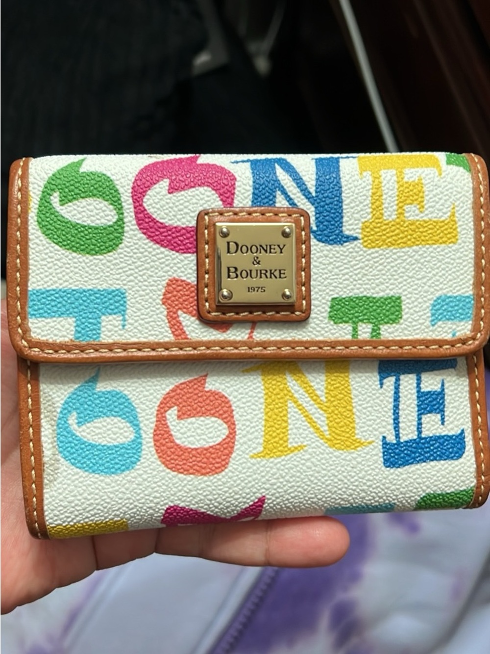 Dooney & Bourke White Multicolor Logo Small Wallet with Tan Trim